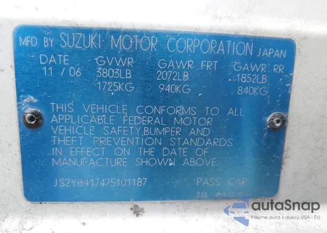 2007 Suzuki Sx4 Sport z USA, uszkodzony, nr VIN JS2YB417475101187